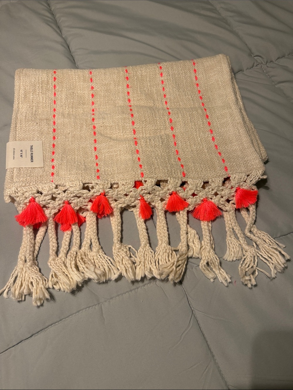 Anthropologie Cream Woven Throw with Neon Pink Tassels
